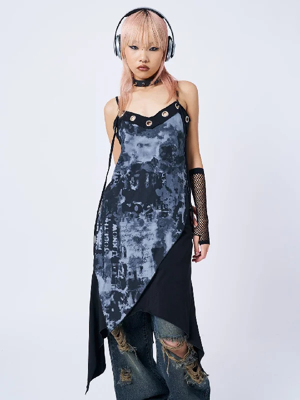 1992 Black & Grey Asymmetric Midi Dress Fashionable Floral Embroidery Midi Dress