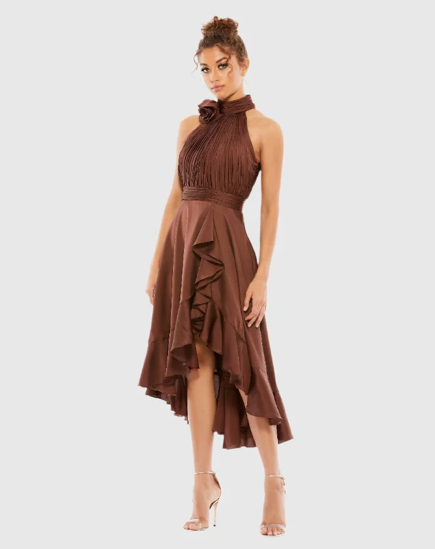 Halter Neck Flower Detail Ruffled Midi Dress Fashionable Plaid Midi Dress