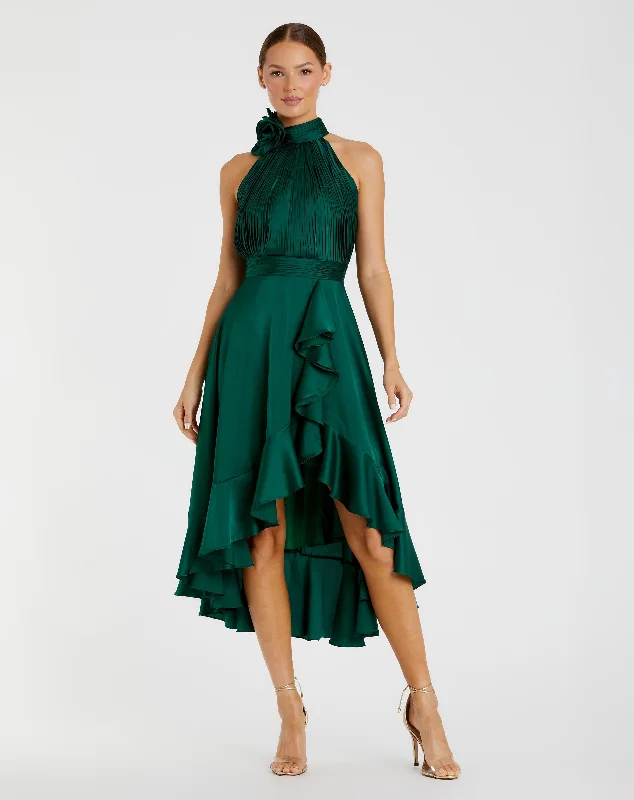 Halter Neck Flower Detail Ruffled Midi Dress Fashionable Casual Midi Dress