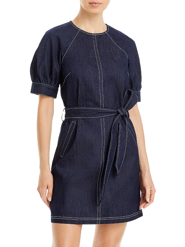 Abby Womens Denim Belted Mini Dress Fashionable Pleated Mini Dress