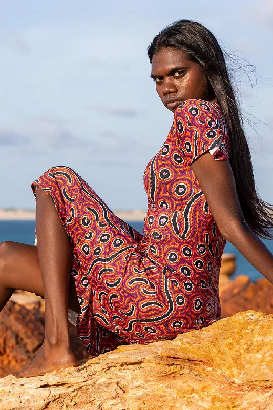Lappi Lappi Jukurrpa Women's Ruched Waist Midi Dress Trendy Ruffle Hem Midi Dress