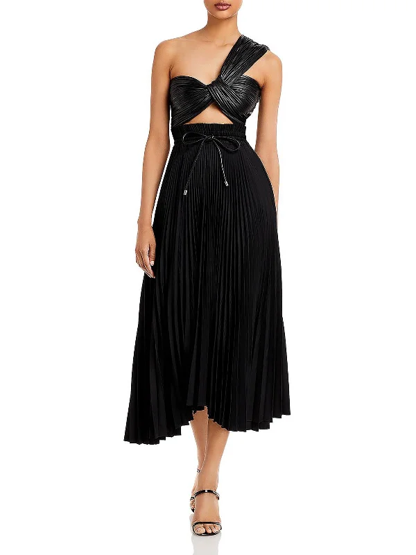 Addie  Womens Faux Leather Pleated Midi Dress Fashionable Pencil Midi Dress