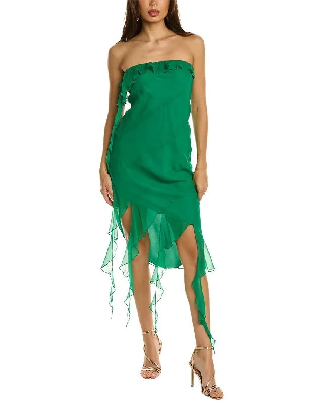 Amanda Uprichard Chelsey Silk Midi Dress Trendy Off-Shoulder Ruffle Midi Dress
