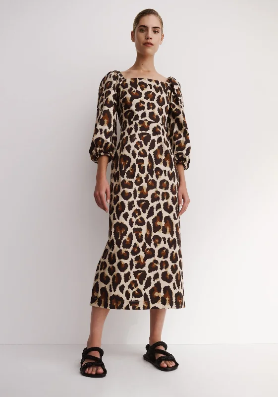 Aminah Midi Dress_Print Trendy Off-Shoulder Button Midi Dress