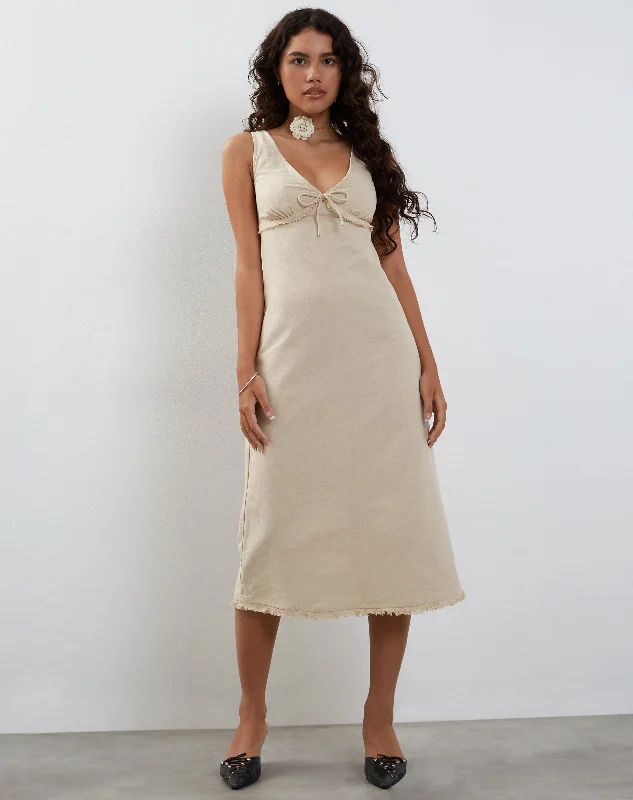 Antari Midi Dress in Ecru Linen Stylish Striped Midi Dress