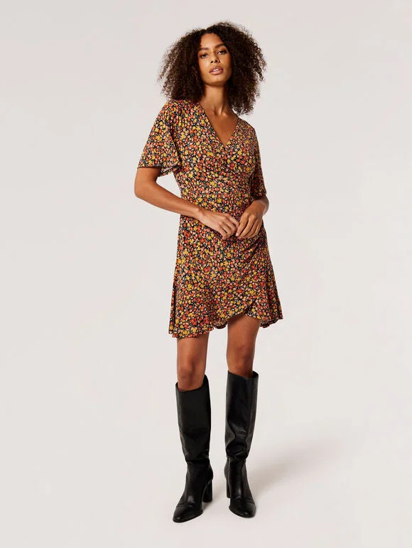 Ap 829145 Ditsy Floral Wrap Mini Dress Elegant Tulle Mini Dress