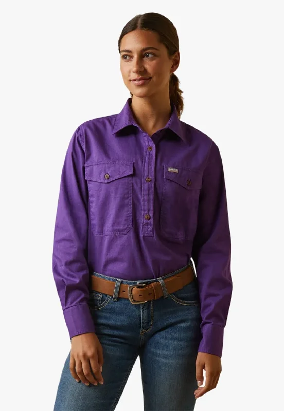 Ariat Womens Rebar Half Button Long Sleeve Work Shirt Classic Solid Short Shirt