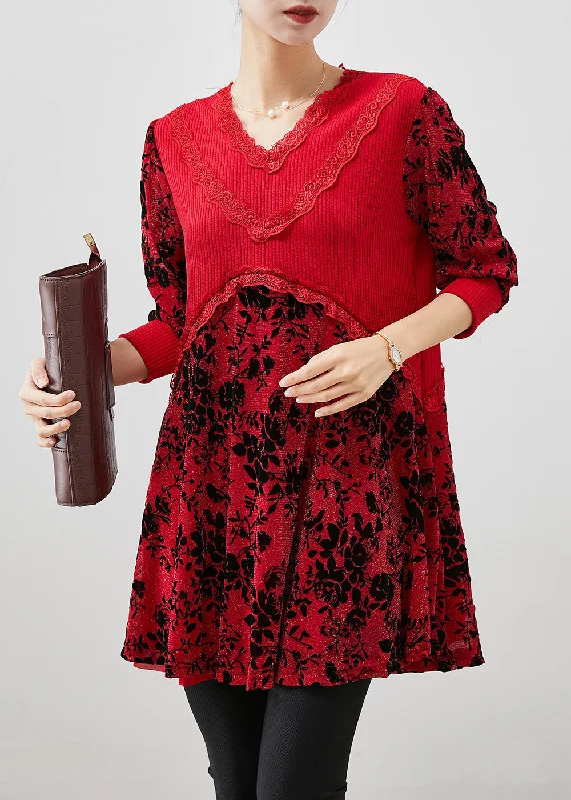 Art Red Jacquard Patchwork Silk Velour Mini Dresses Fall Classic Striped Mini Dress