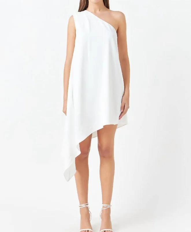 Athena Asymmetrical Mini Dress In Off White Trendy Off-Shoulder Dress Mini