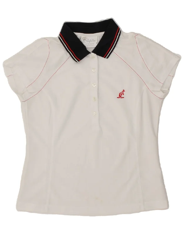 AUSTRALIAN L'ALPINA Womens Polo Shirt IT 44 Medium White Fashionable Tied Short Sleeve
