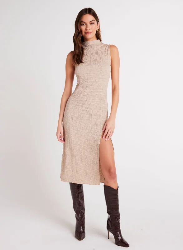 Mock Neck Midi Dress - Light Oak Fashionable High-Neck Midi Dress