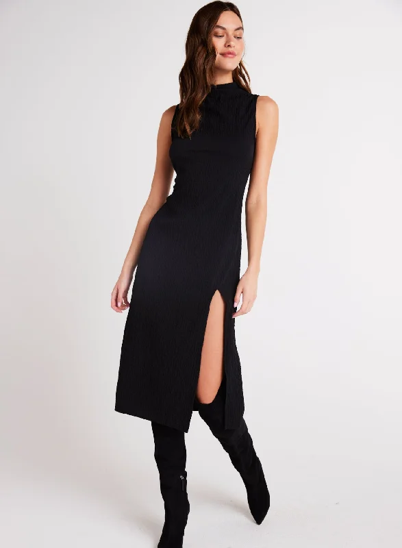 Mock Neck Midi Dress - Black Stylish Silk Midi Dress