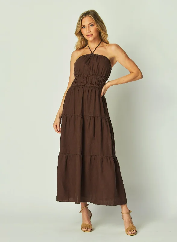 Gathered Halter Midi Dress - Cocoa Cabana Comfortable Stretch Midi Dress
