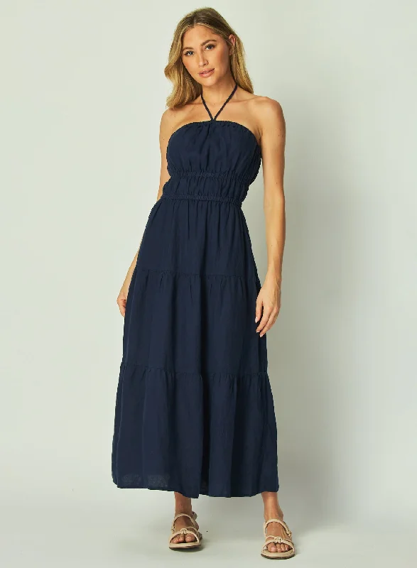 Gathered Halter Midi Dress - Brazilian Navy Comfortable Knitwear Midi Dress