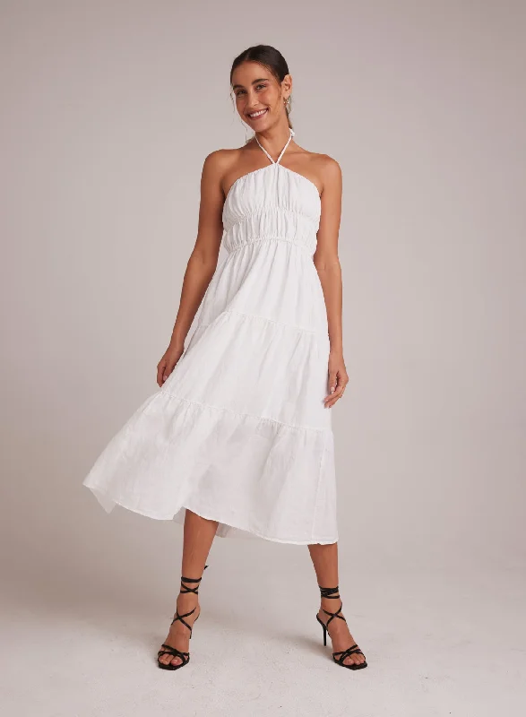 Gathered Halter Midi Dress - White Fashionable Floral Embroidery Midi Dress