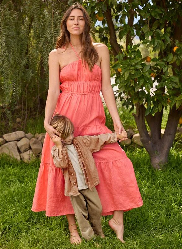 Gathered Halter Midi Dress - Hibiscus Bloom Trendy Shift Midi Dress