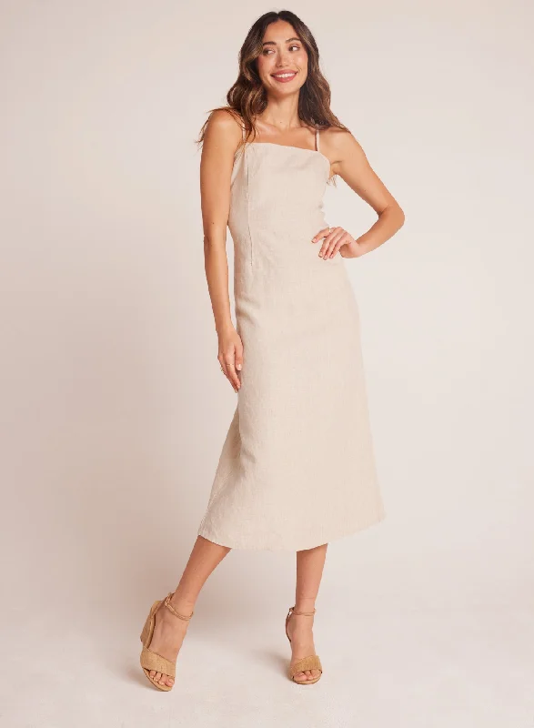 Fitted Cami Midi Dress - Linen Sand Stylish Off-Shoulder Ruffle Dress
