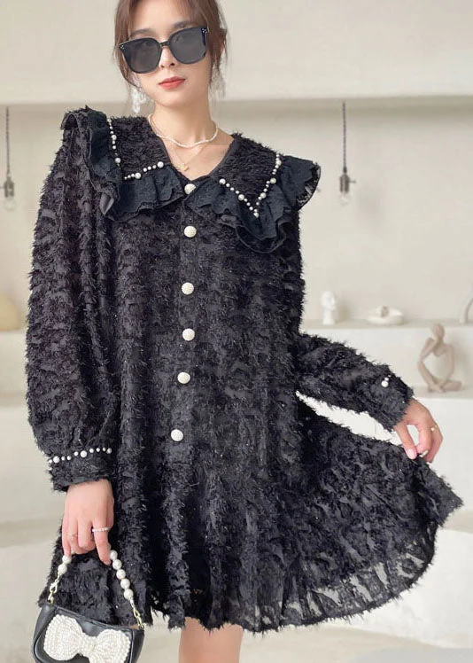 Beautiful Black Peter Pan Collar Ruffled Mini Dresses Spring Trendy Off-Shoulder Dress Mini