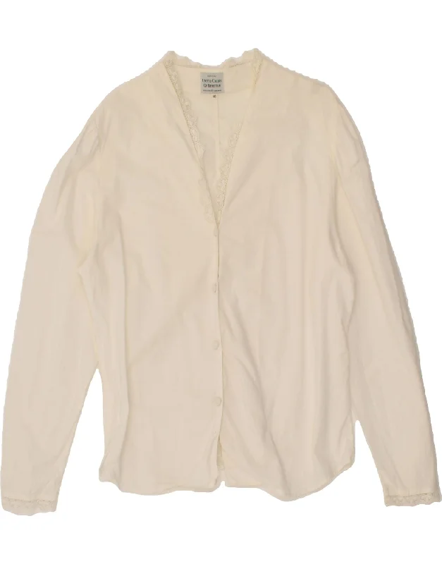 BENETTON Womens Shirt Blouse IT 46 Large White Cotton Modern Fit Short Sleeve