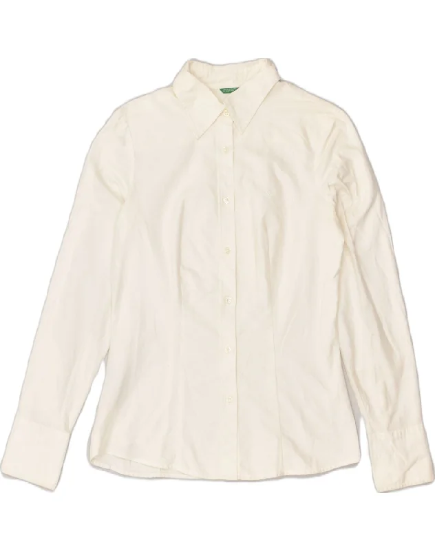 BENETTON Womens Shirt UK 14 Medium White Cotton Soft Silk Short Sleeve