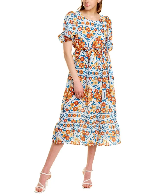 Beulah Floral Midi Dress Trendy Midi Dress with Belt
