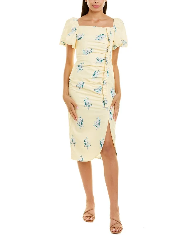 Beulah Puff Sleeve Midi Dress Elegant Pleated Sleeve Midi Dress