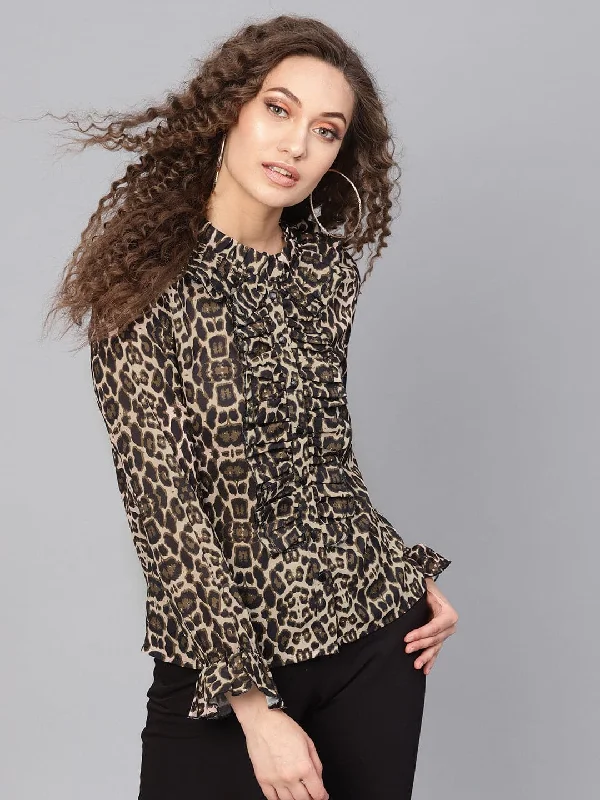 Black Cheetah Cascading Ruffles Shirt Relaxed Short Sleeve Tee