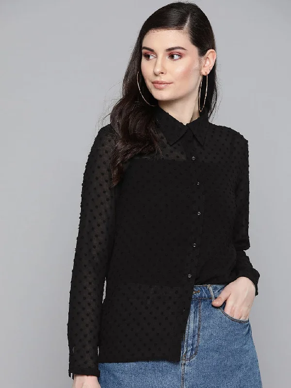 Black Dobby Sheer Boxy Shirt Relaxed Fit Short Shirt