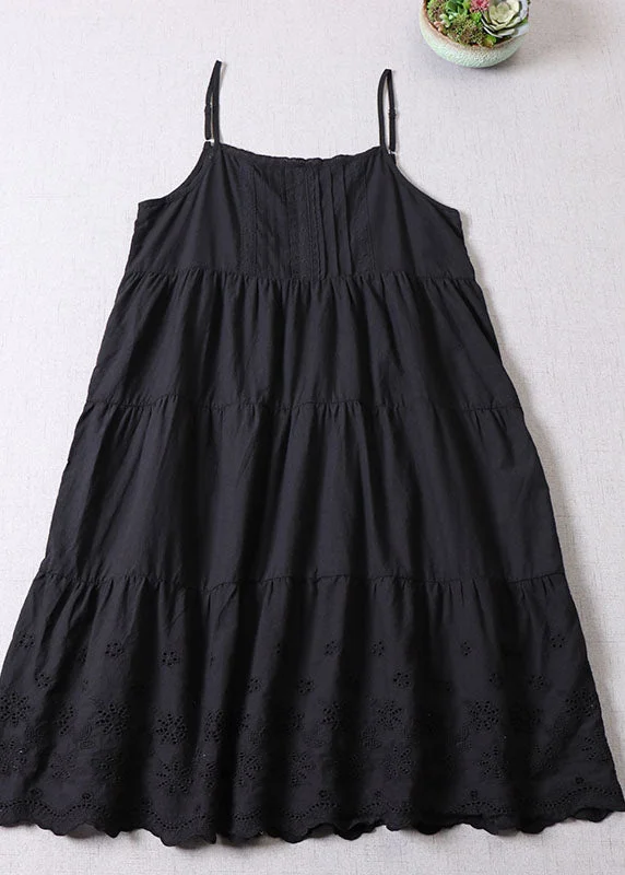 Black Embroideried Patchwork Cotton Mini Dresses Spring Fashionable Lace-Trim Mini Dress