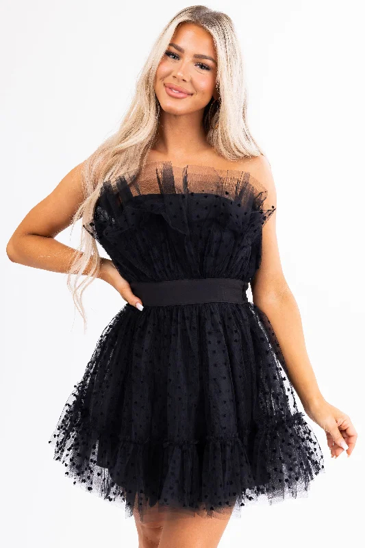 Black Ruffle Strapless Heart Detail Mini Dress Cozy Long Sleeve Mini Dress