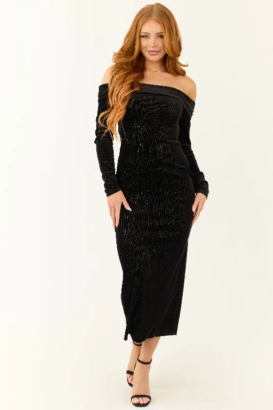 Black Shimmery Velvet Off Shoulder Midi Dress Trendy Smocked Waist Midi Dress