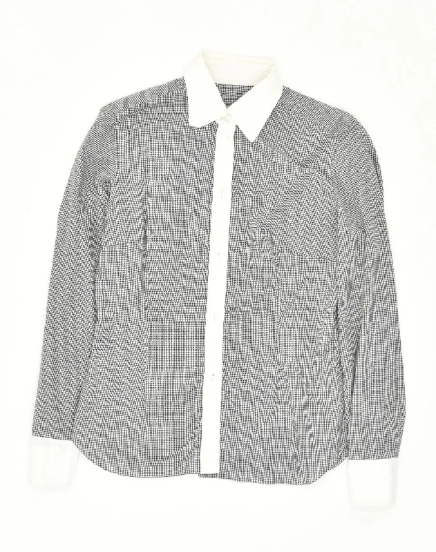 BORRELLI Womens Shirt IT 44 Medium Grey Houndstooth Cotton Comfortable Short Sleeve Blouse