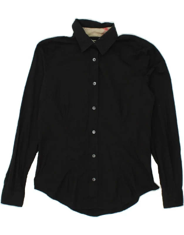 BURBERRY Womens Shirt UK 10 Small Black Cotton Comfortable Summer Short Shirt