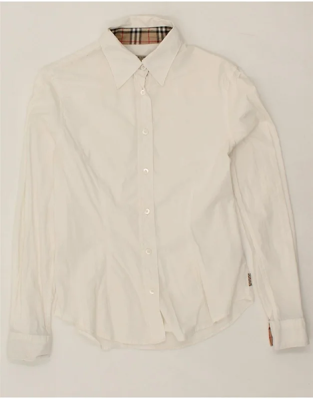 BURBERRY Womens Shirt UK 10 Small Off White Cotton Cozy Cotton Short Tee