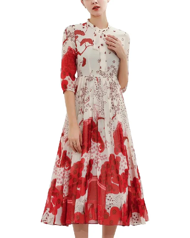 BURRYCO Silk-Blend Midi Dress Comfortable Short Sleeve Midi Dress