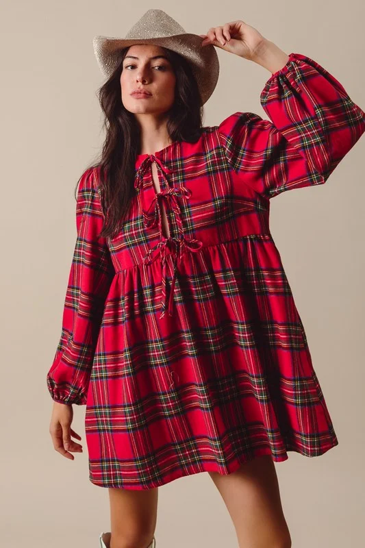 CHECKERED PLAID FRONT TIE ROUND NECK MINI DRESS Trendy Denim Mini Dress