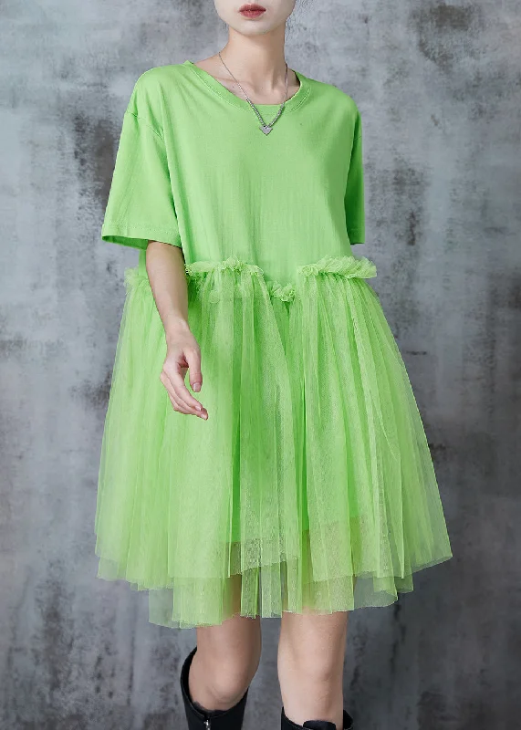 Chic Grass Green Oversized Patchwork Tulle Mini Dresses Summer Fashionable Party Mini Dress