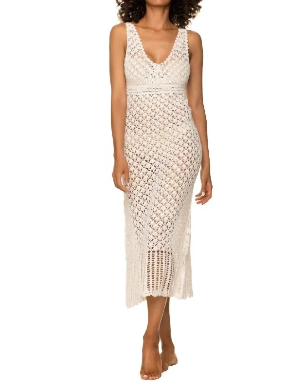Claudia Crochet Midi Dress In Ivory Elegant Puff Sleeve Midi Dress