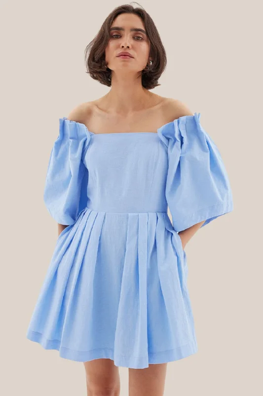 Sovere - Origami Mini Dress in Serene Blue Cozy Cowl Neck Mini Dress