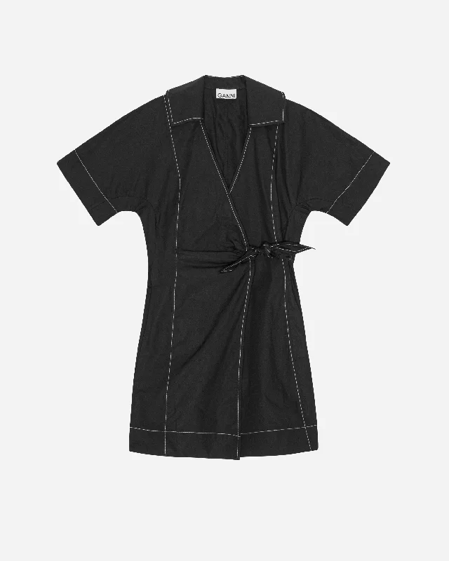 Cotton Poplin Wrap Mini Dress Classic Casual Mini Dress