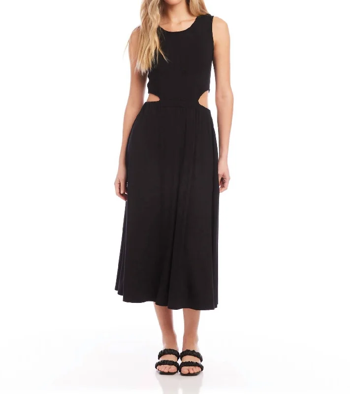 Cut Out Midi Dress In Black Fashionable High-Low Midi Dress