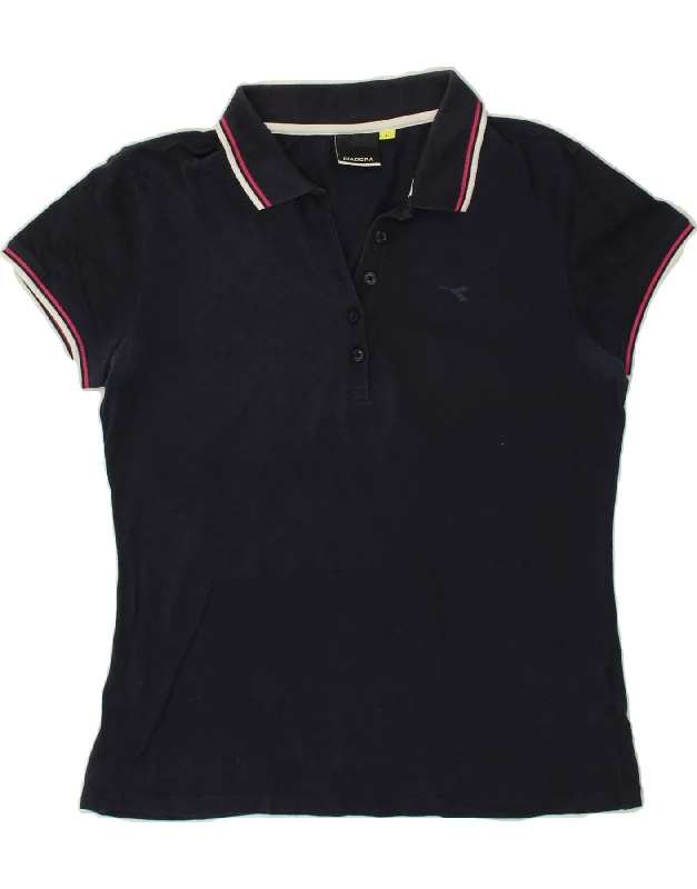 DIADORA Womens Polo Shirt UK 16 Large Navy Blue Cotton Cozy Summer Short Shirt