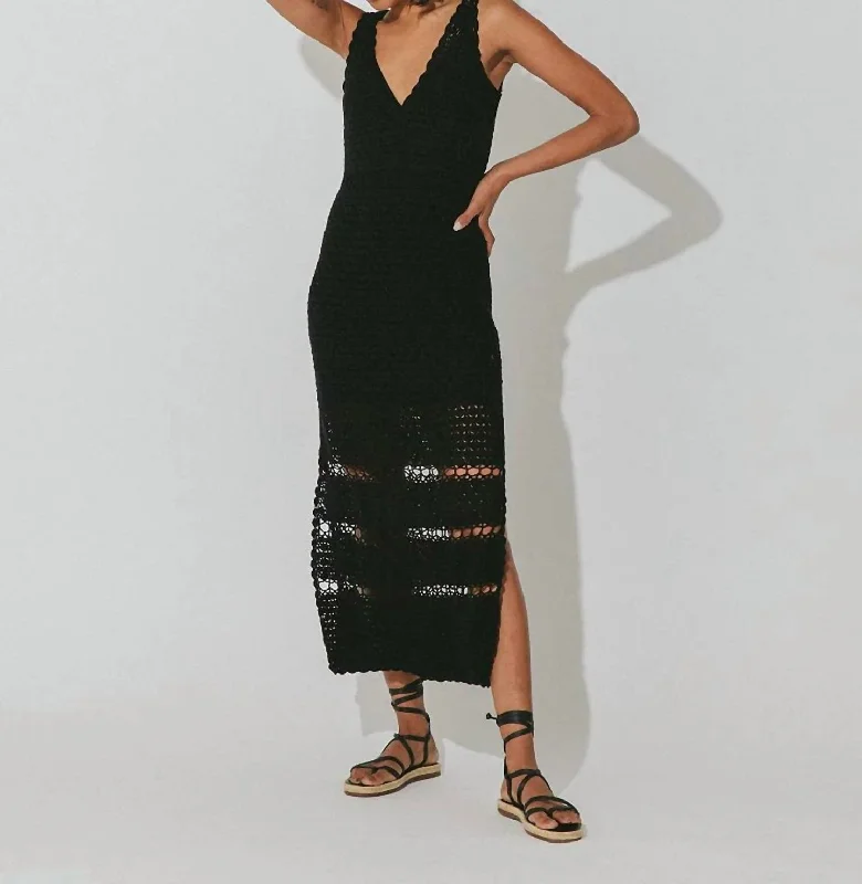 Diah Crochet Midi Dress In Black Trendy Off-Shoulder Ruffle Midi Dress