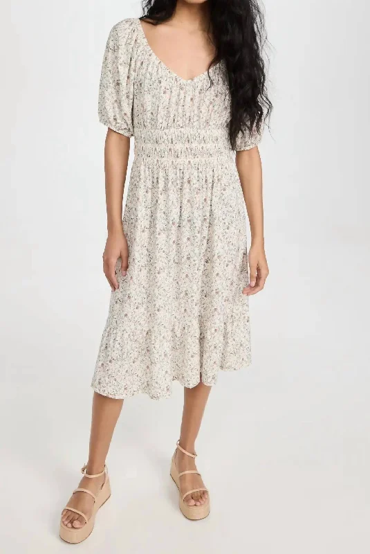 Fabia Shirred Midi Dress In Meadow Trendy Smocked Detail Midi Dress