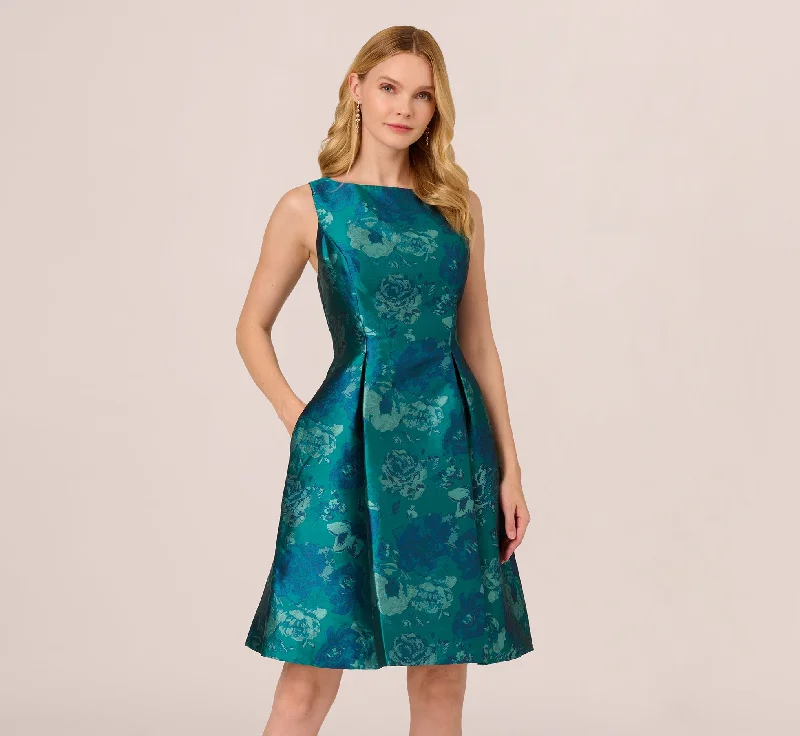 Floral Jacquard Sleeveless Midi Dress With Cutout Back In Teal Multi Fashionable Casual Midi Dress
