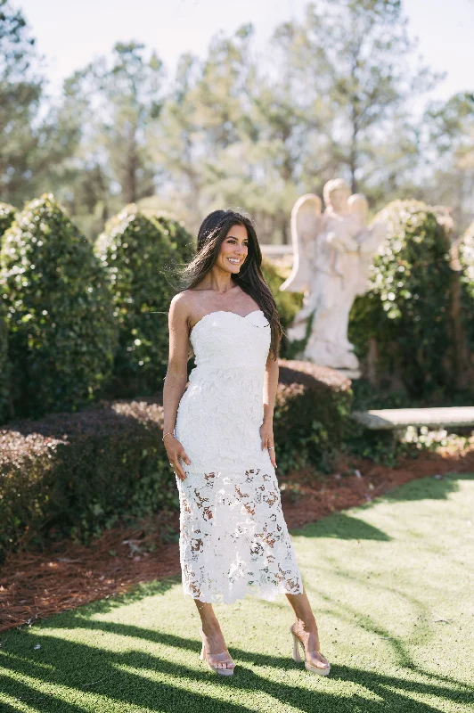 Floral Lace Midi Dress- White Stylish High-Waisted Midi Dress