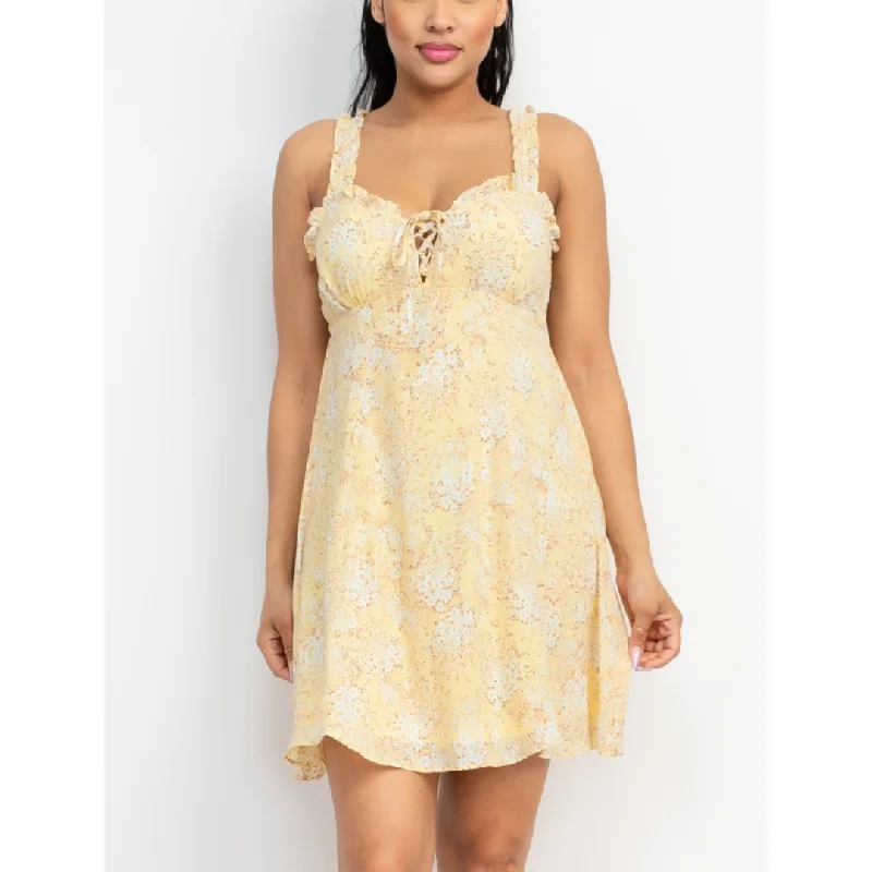 Floral Lace-Up Ruffle Mini Dress - Yellow Cozy Jersey Mini Dress