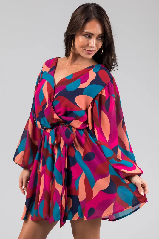 Flying Tomato Berry Abstract Print Mini Dress with Waist Tie Trendy Button-Detail Mini Dress