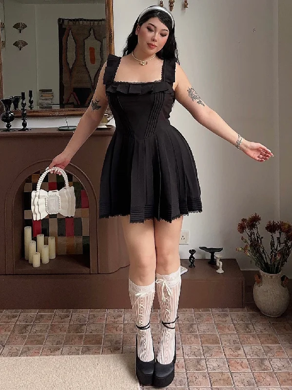 Franchessca Solid Color Black Plus Size Spaghetti Strap Slip Pleated Mini Dress Elegant Tulle Mini Dress