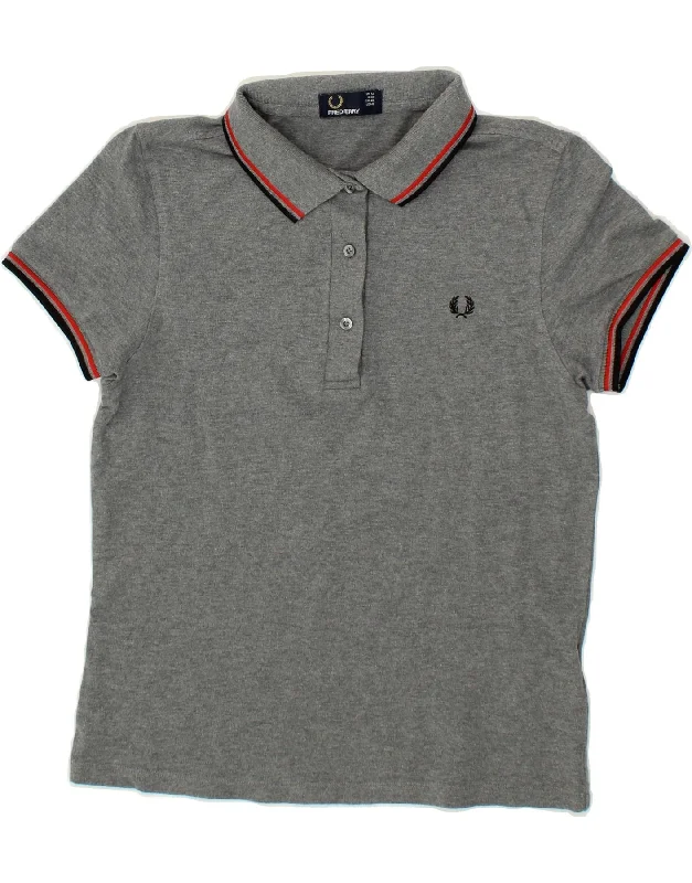 FRED PERRY Womens Polo Shirt UK 12 Medium Grey Cotton Trendy Turtleneck Short Shirt
